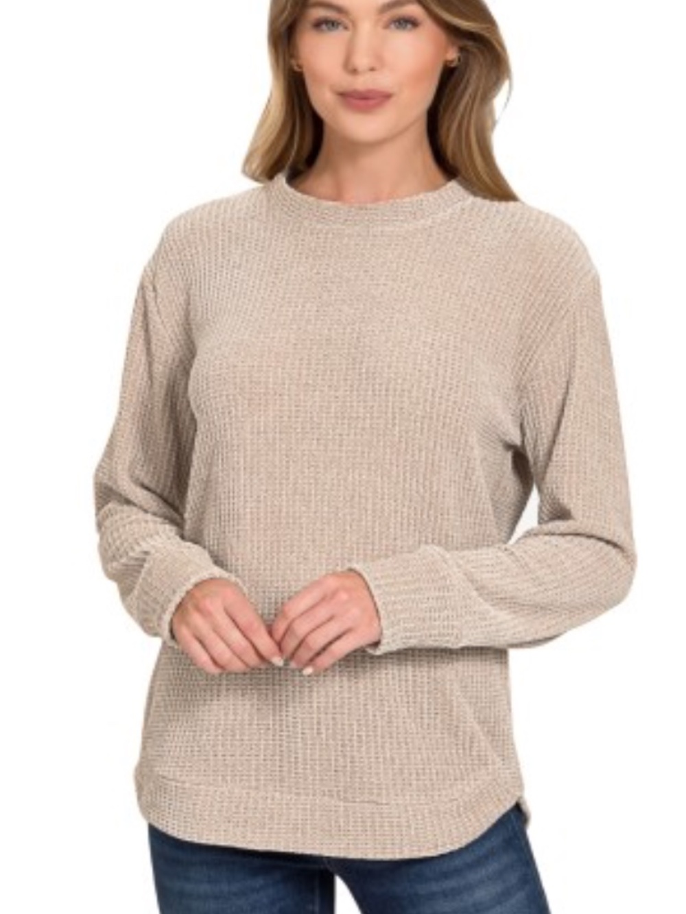981. ASH MOCHA WOMENS Chenille Waffle Round Neck Sweater